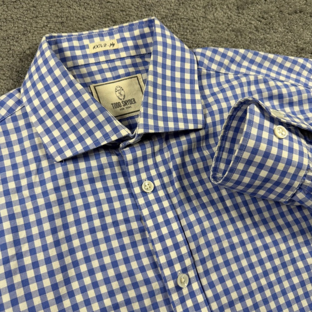 Todd Snyder Mens Blue White Gingham Button Down Shirt L 2-Ply Cotton 16 34/35